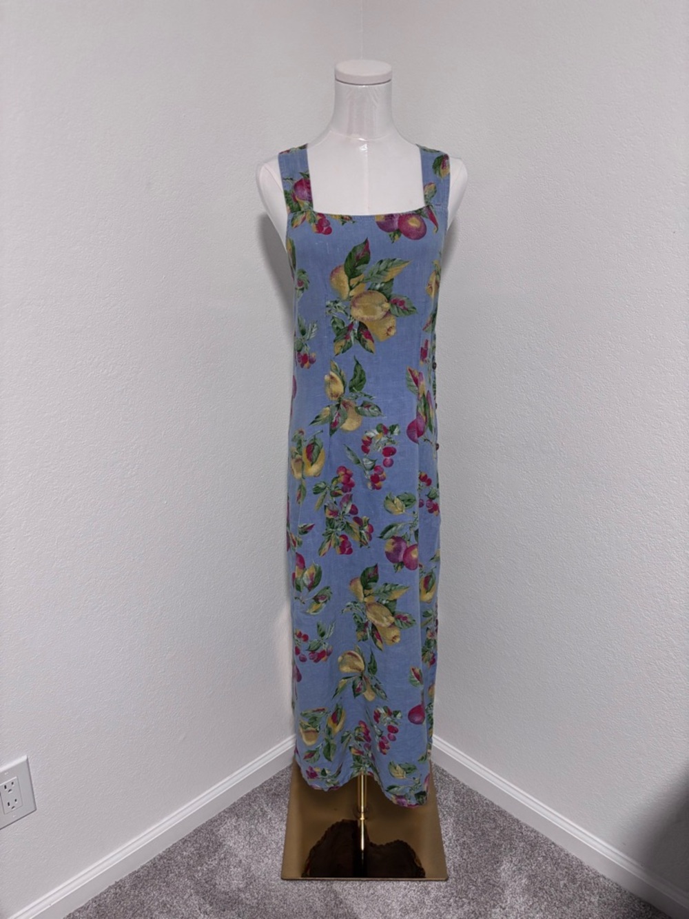 Vtg Tom Tom of California 100% Linen Side Button Blue Fruit Pattern Dress Sz XS